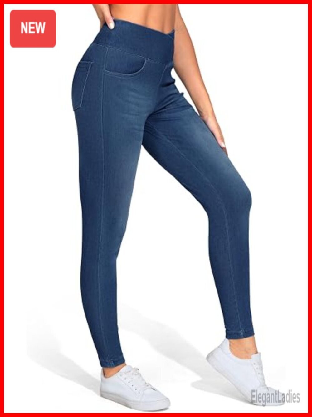 V-Cross High Waisted Stretchy Skinny Jean Leggings with Pockets